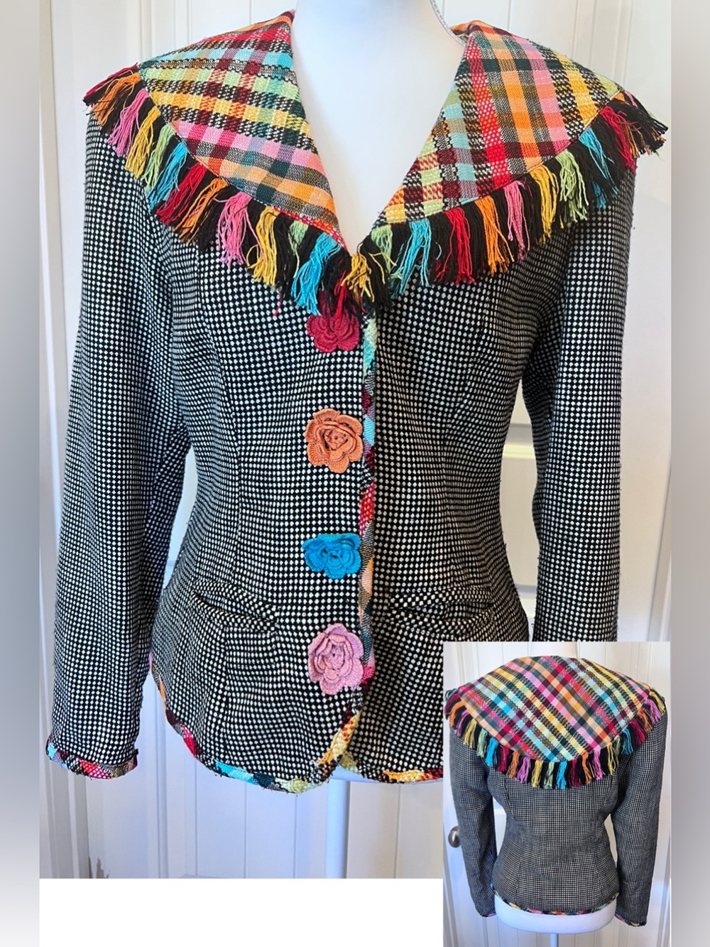 Vintage Platinum by Dorothy Schoelen Art to Wear Houndstooth Plaid Fringe Blazer